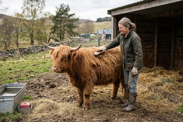Farmer grooming a Highland cow 