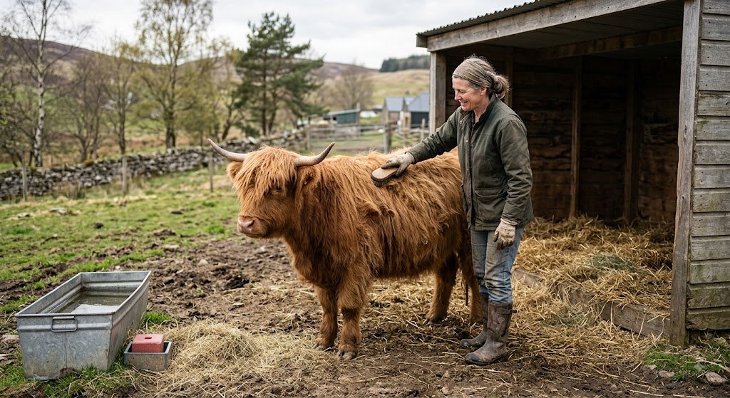 Farmer grooming a Highland cow 