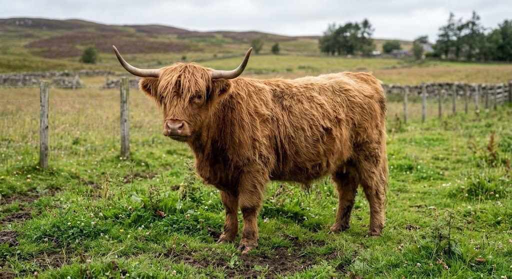 Miniature Highland cow in green pasture