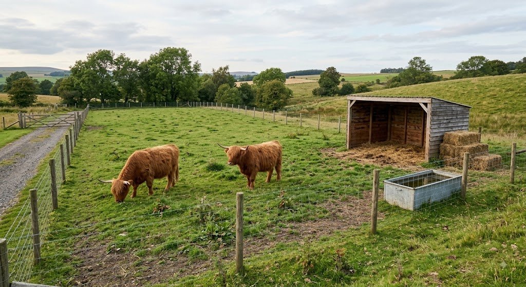 Miniature cattle grazing beside farm shelter