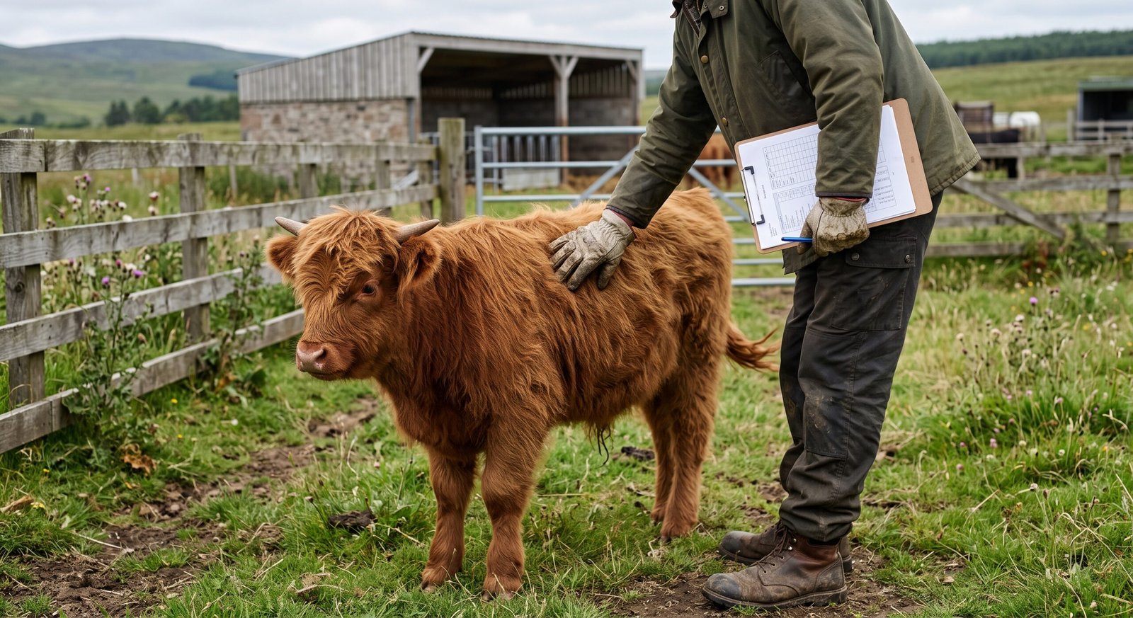 Breeder inspecting a Highland cattle calf