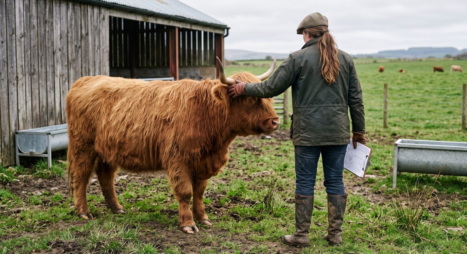 Breeder inspecting a small Highland cow