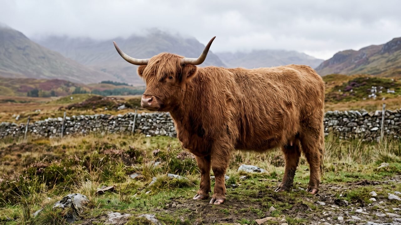Scottish Highland cow in rugged pasture