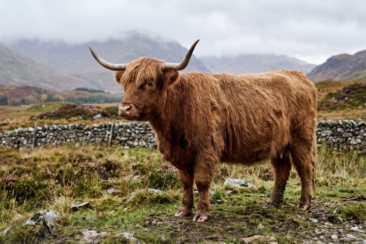 Scottish Highland cow in rugged pasture