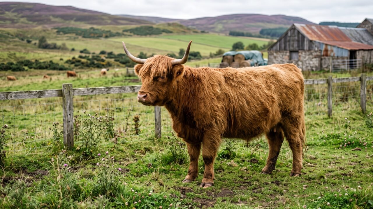 Micro mini Highland cow in pasture