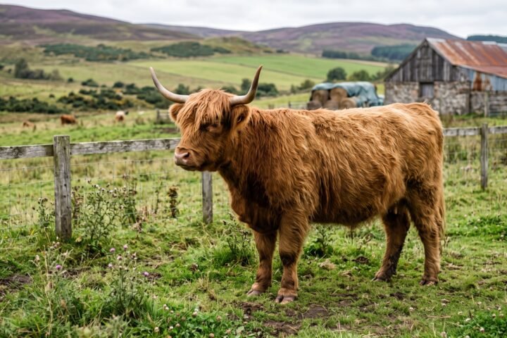 Micro mini Highland cow in pasture