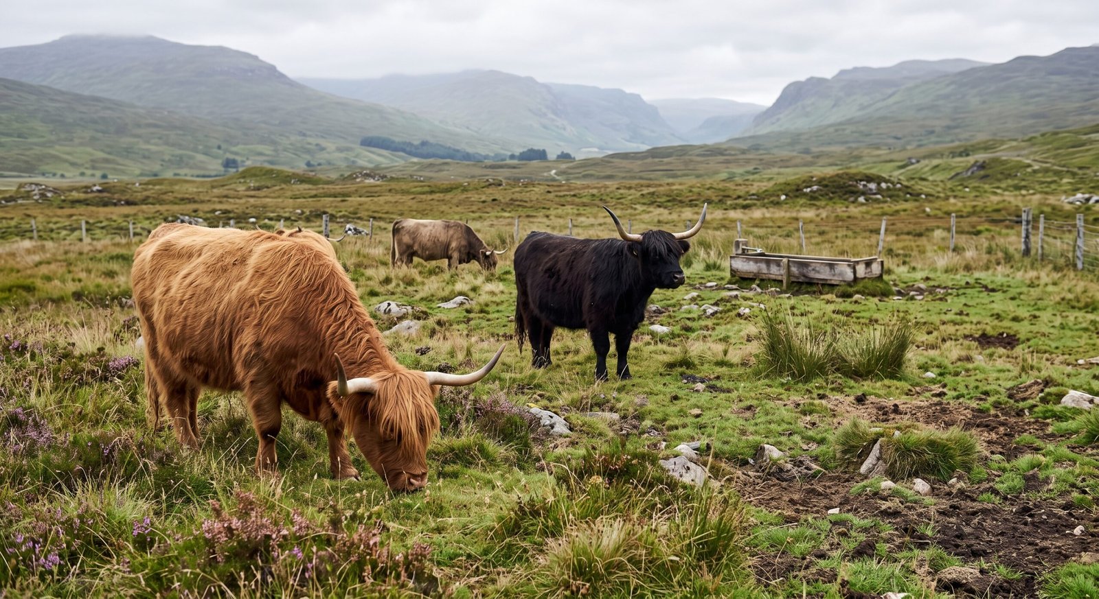 Scottish Highland cattle grazing rough pasture
