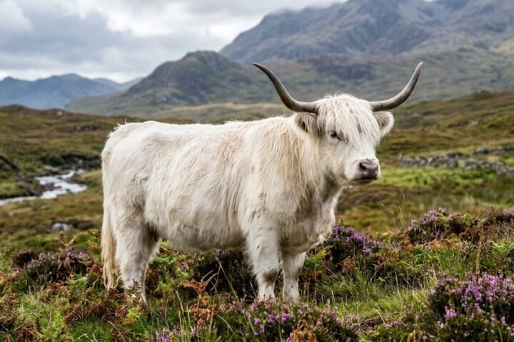 a majestic White Highland cow in the classic Scottish landscape
