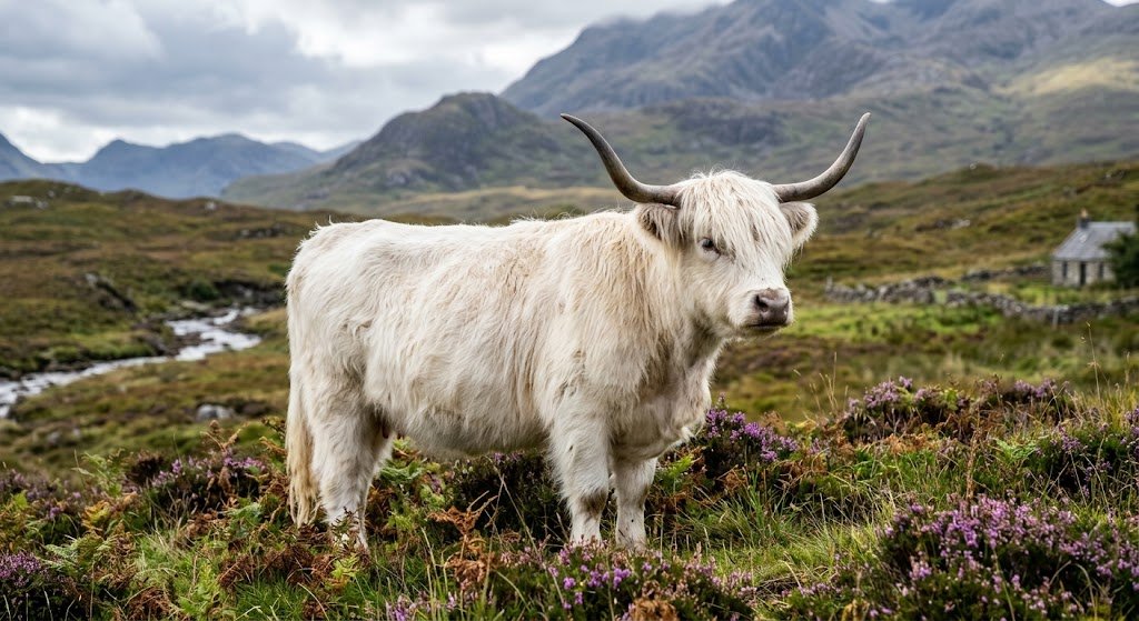 a majestic White Highland cow in the classic Scottish landscape