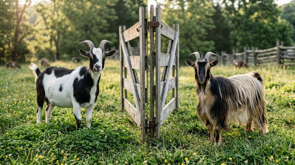 A clear side-by-side photo comparing two distinct strains of the fainting goat breed.