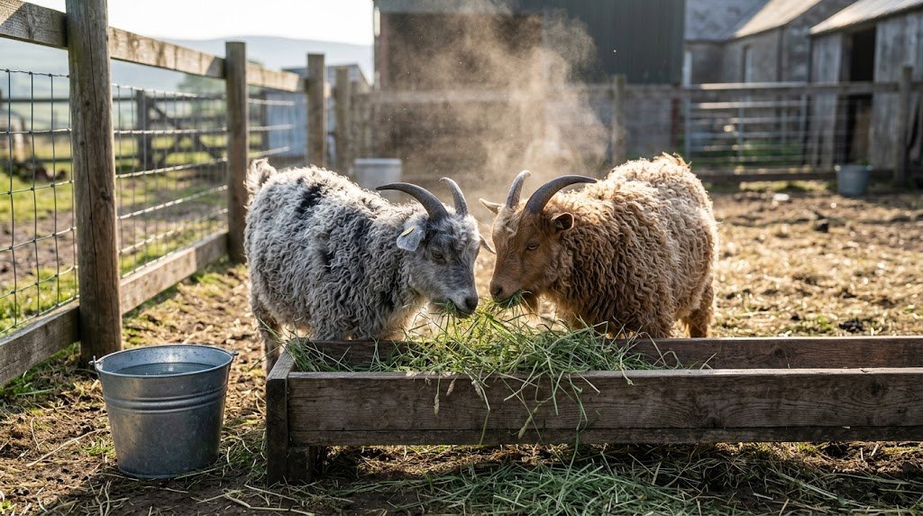 Two compact Pygora goats feeding side by side from a weathered wooden trough in an outdoor pen.
