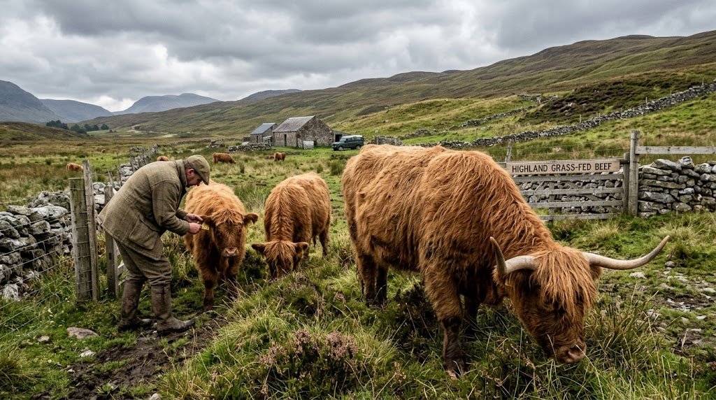 Farmer checks ear tag of Highland cattle