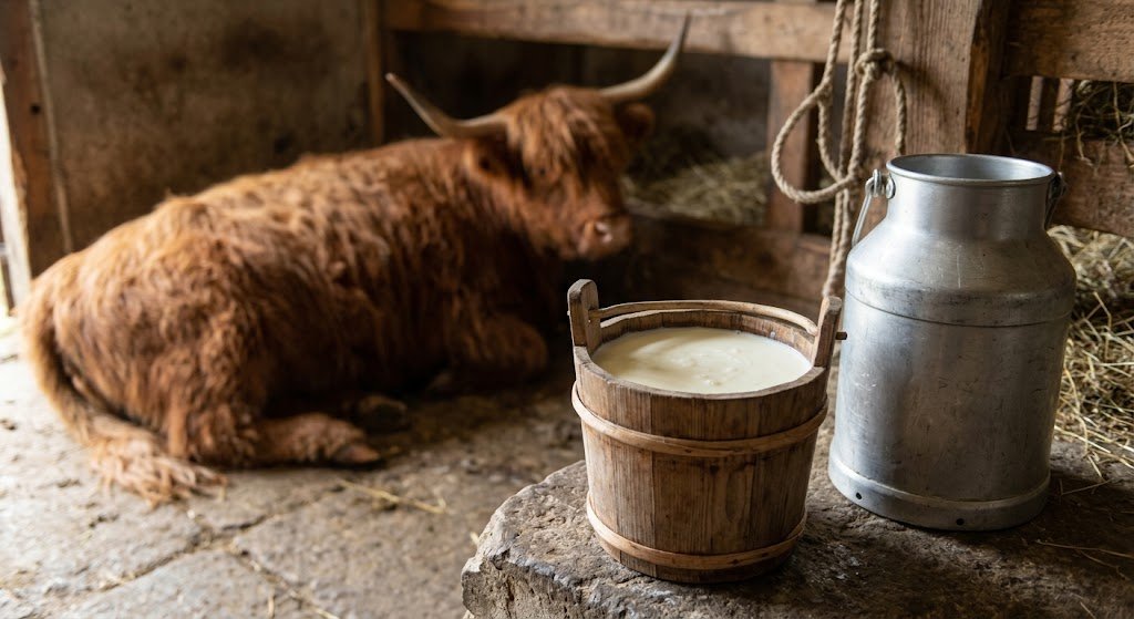 Fresh milk bucket beside Highland cow