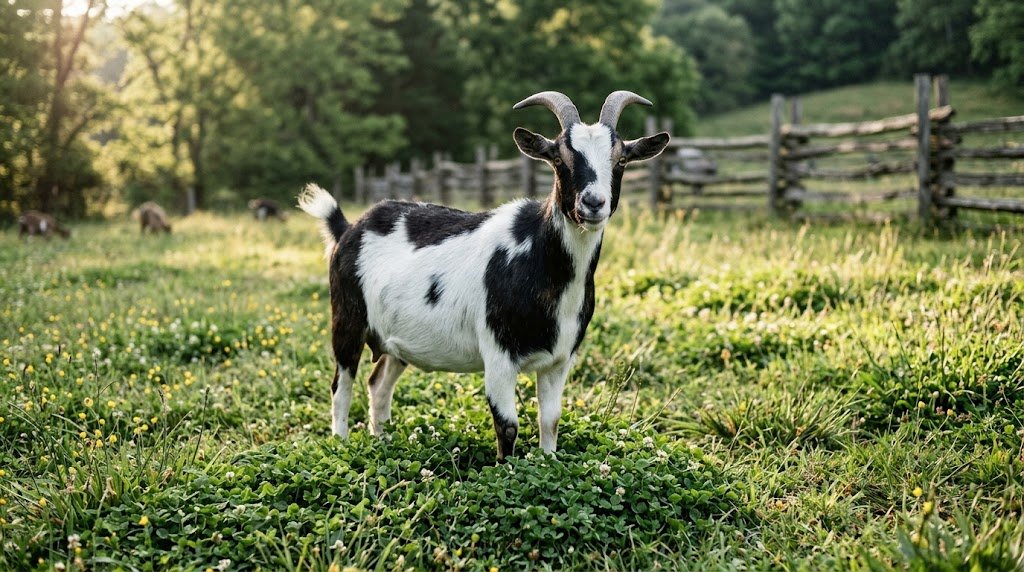 An authentic full-body photograph of a mature Tennessee fainting goat standing in a grassy paddock