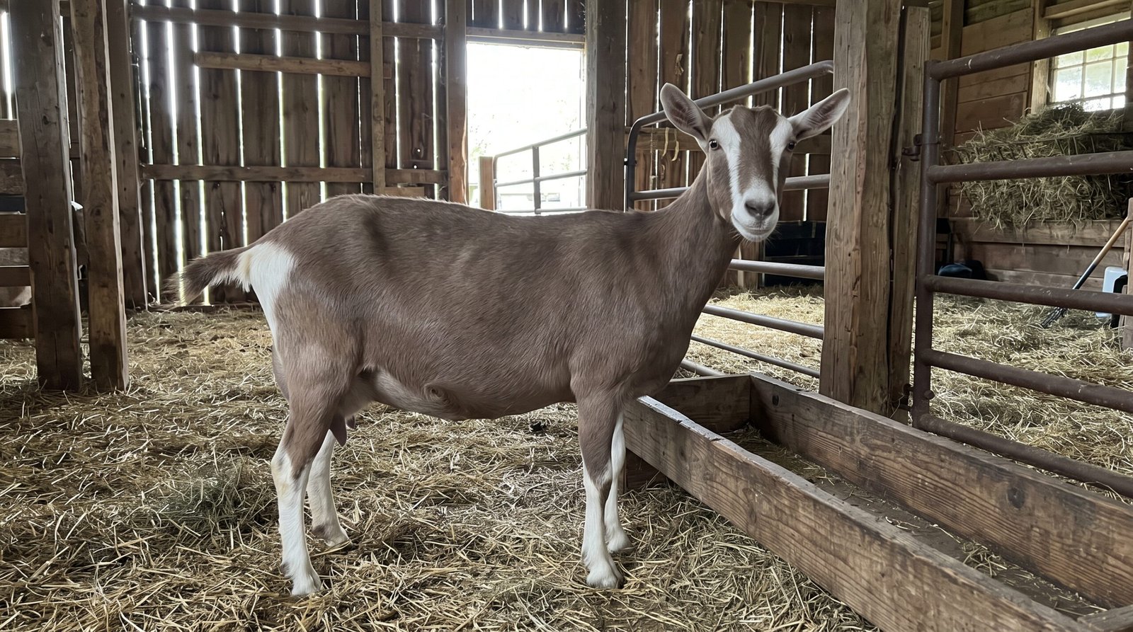 A brown dairy goat inside a wooden barn