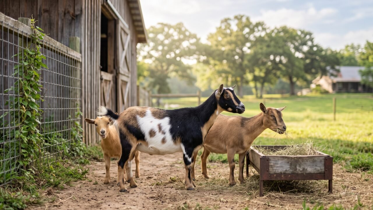 Nigerian Dwarf goat standing in pasture