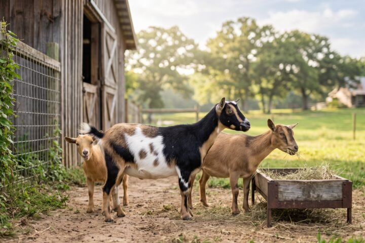 Nigerian Dwarf goat standing in pasture