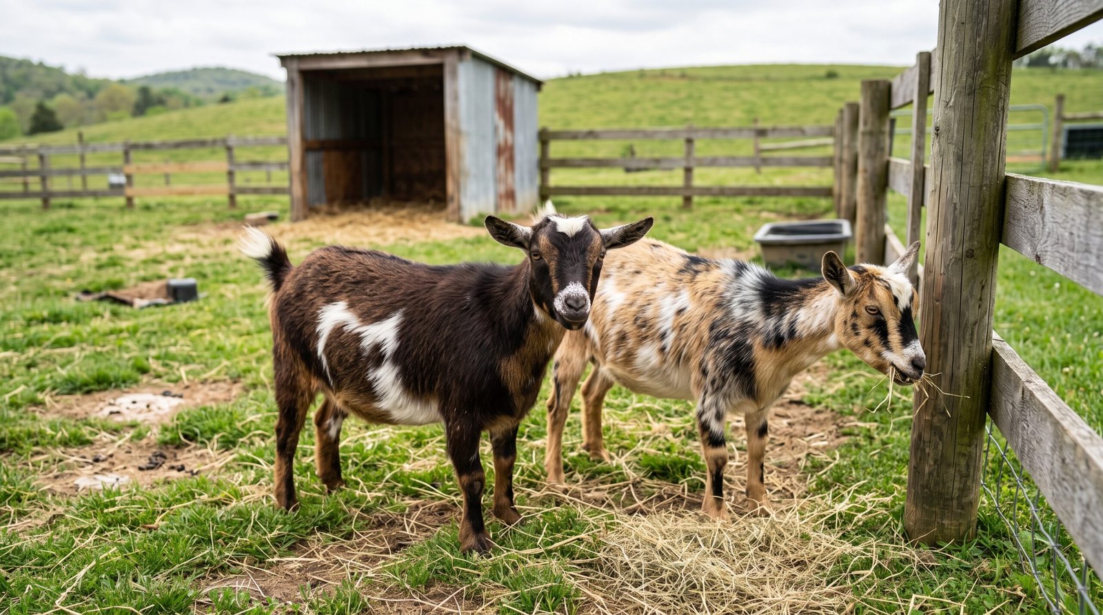 Two small goats standing near a farm fence.