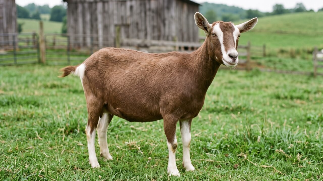 A purebred Toggenburg goat standing in pasture grass