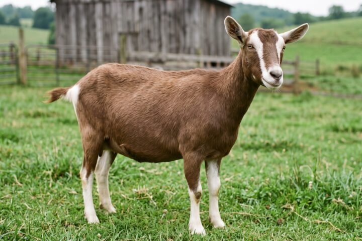 A purebred Toggenburg goat standing in pasture grass