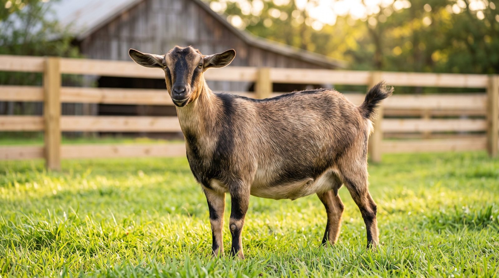 A stocky Kinder goat standing in green pasture