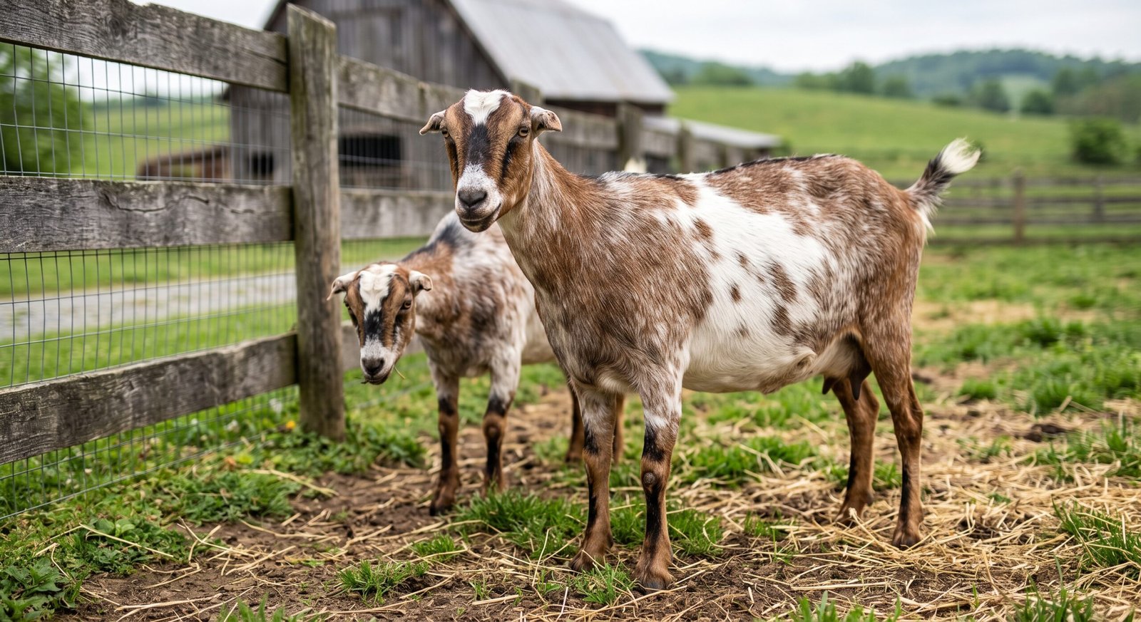 Two dairy goats standing together near pasture fence