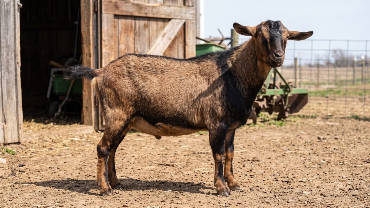 A compact dual purpose goat in a barn.
