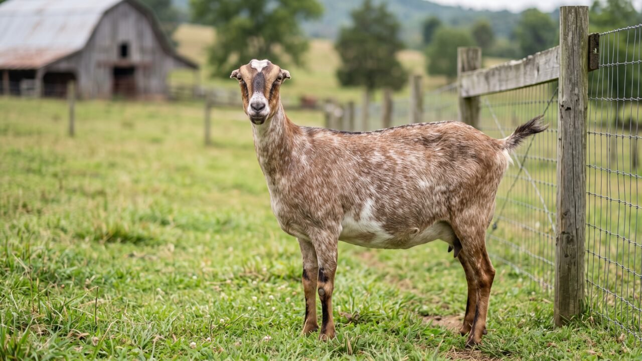 A speckled Lamancha goat standing in a pasture