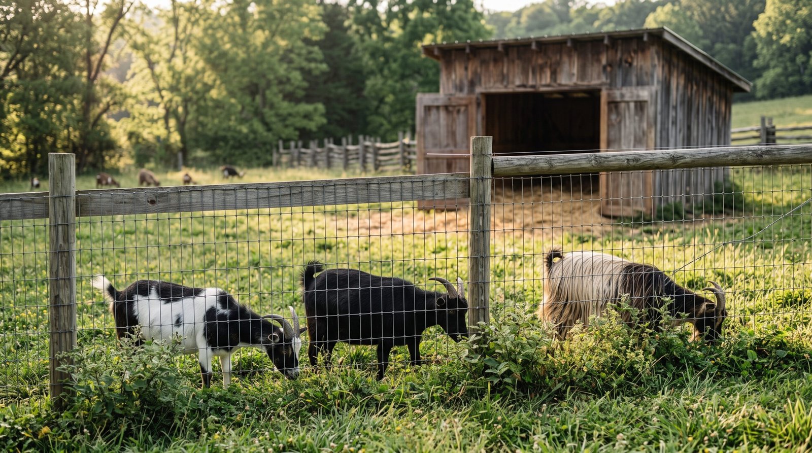A trio of multi-colored fainting goats actively foraging together in a rural pasture.