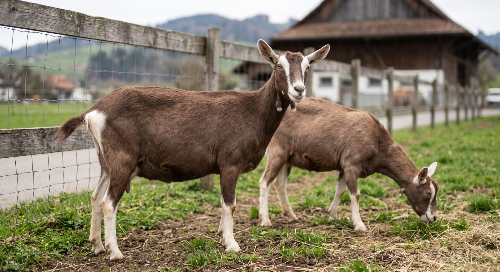 Two brown goats grazing together near farm fence