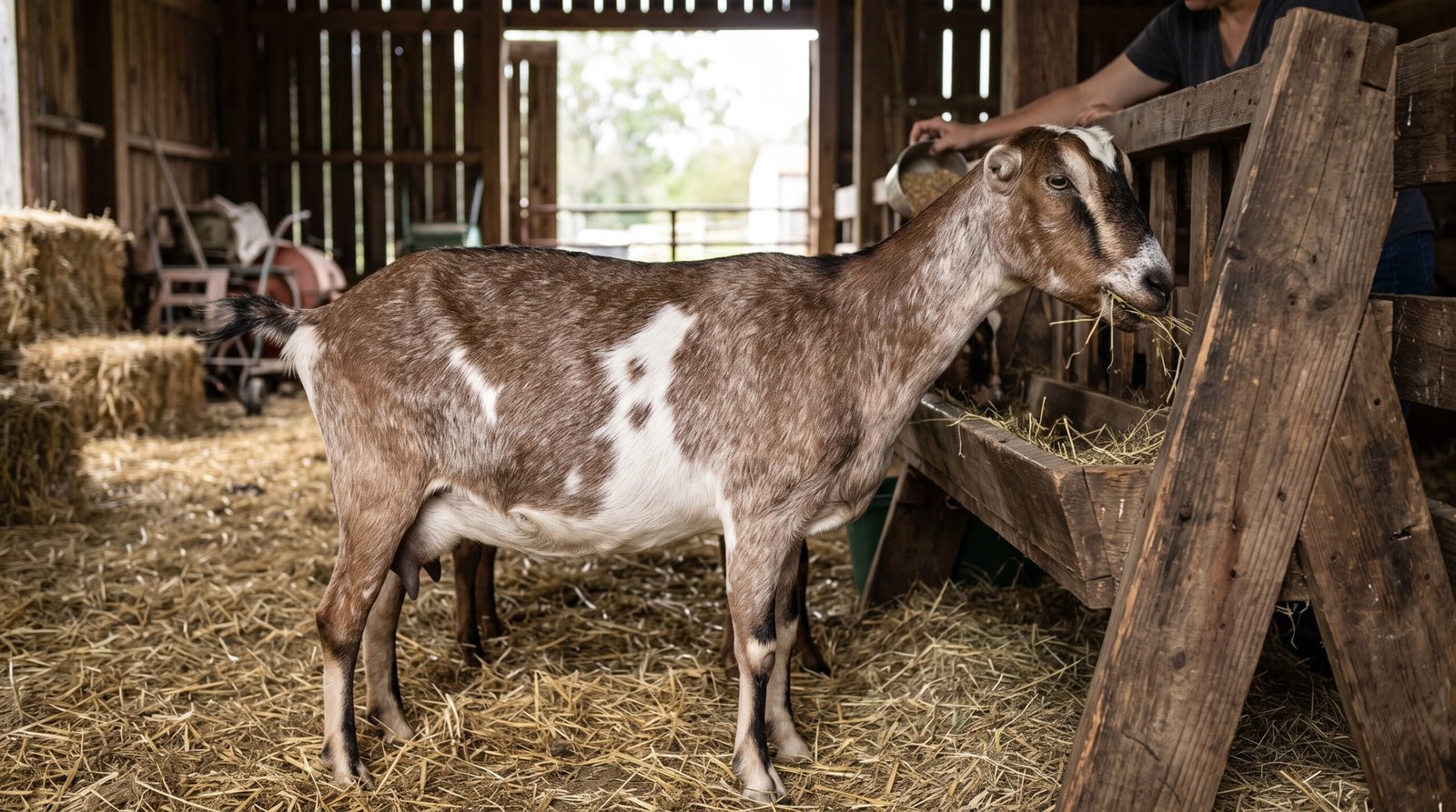 A Lamancha dairy goat eating inside wooden barn.