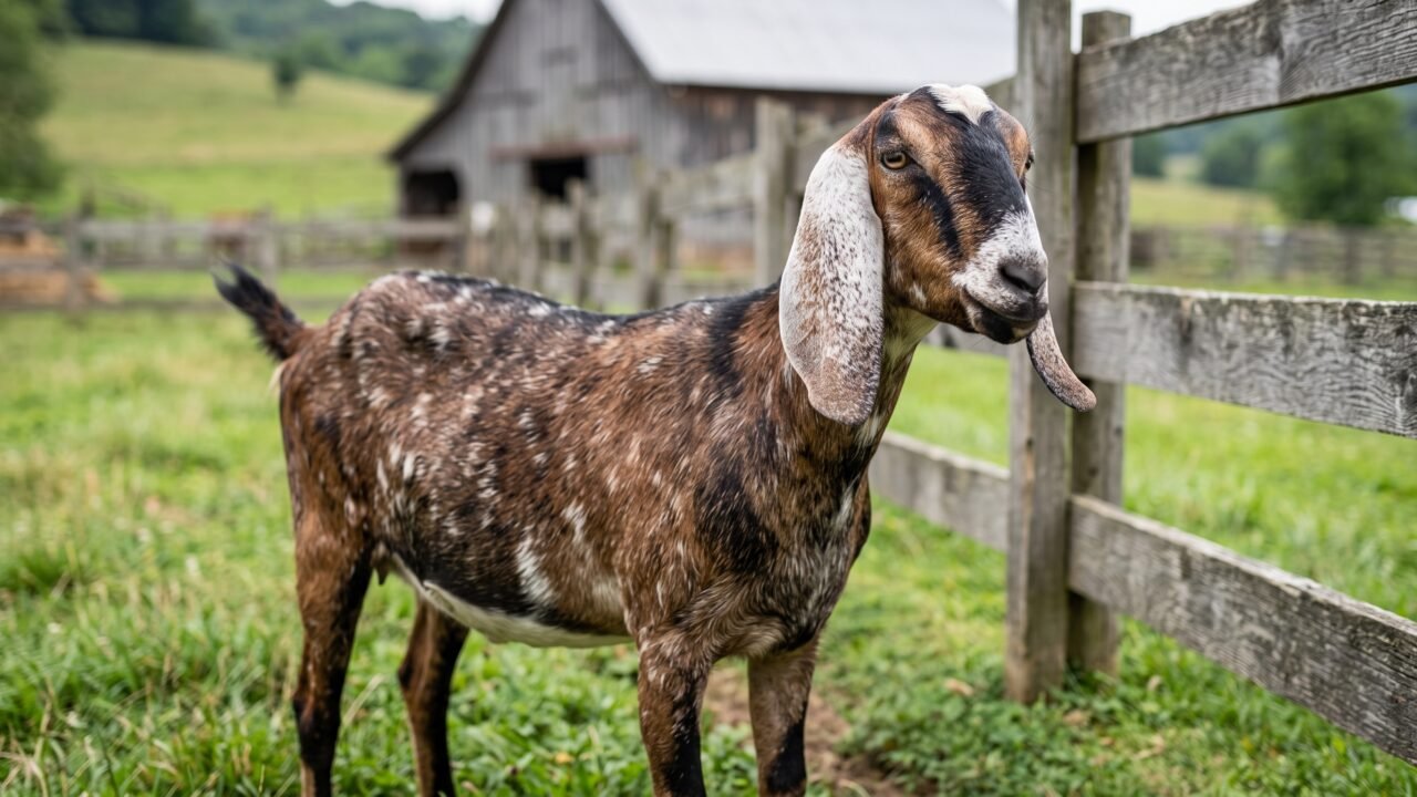 A spotted Nubian goat standing in a pasture