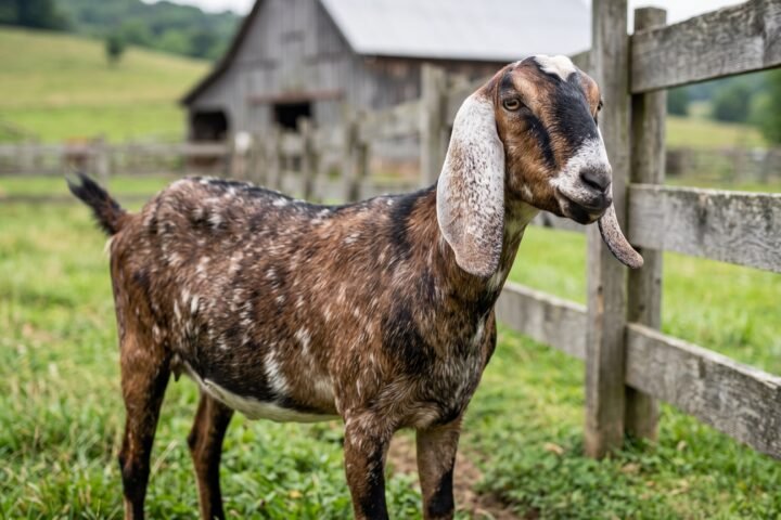 A spotted Nubian goat standing in a pasture