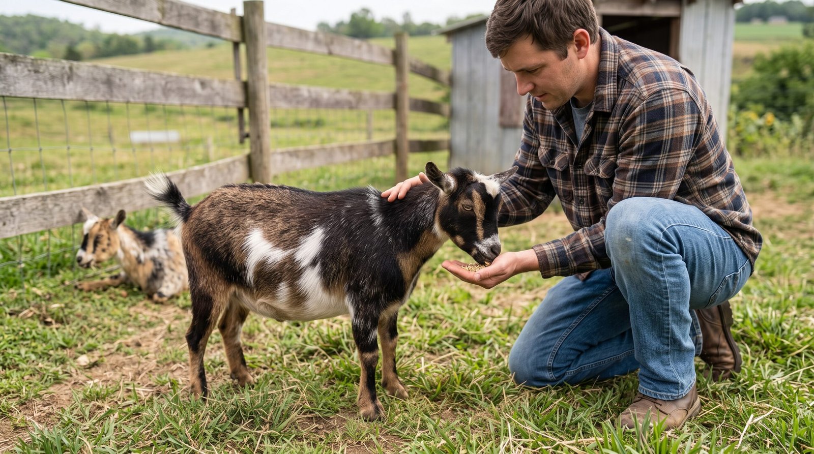 A man crouching to feed a small goat.