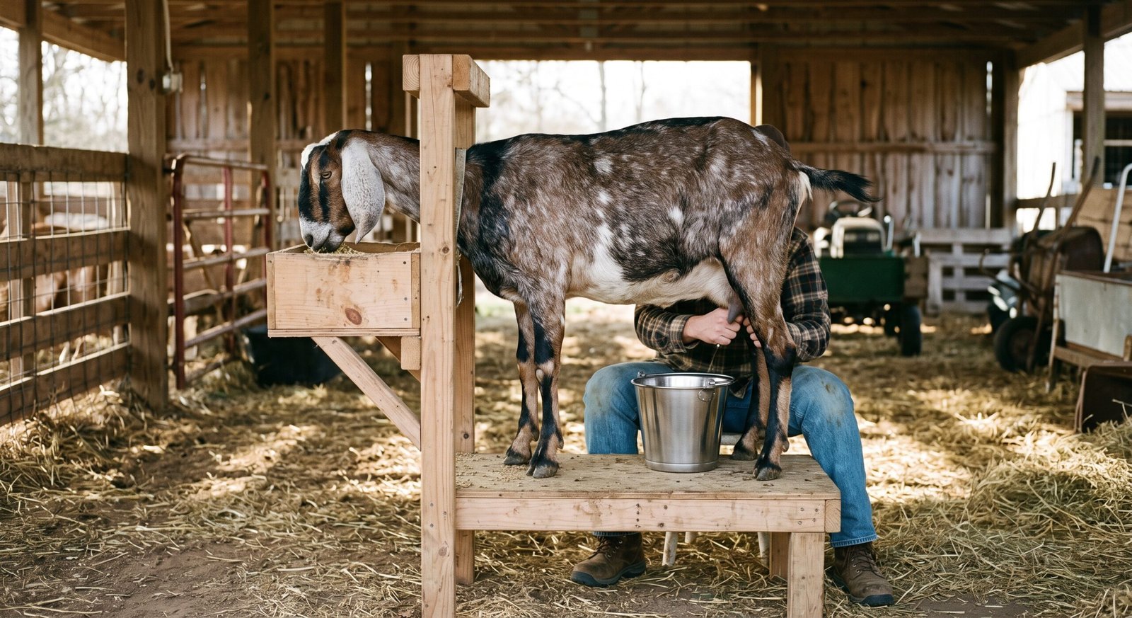 A dairy goat being milked in a barn