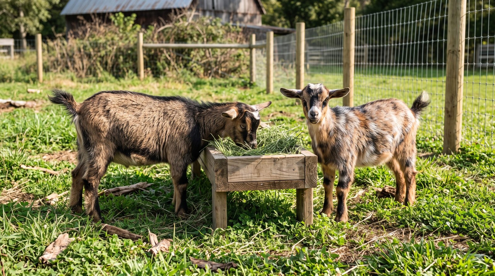 Two hornless dairy goats standing near farm fence