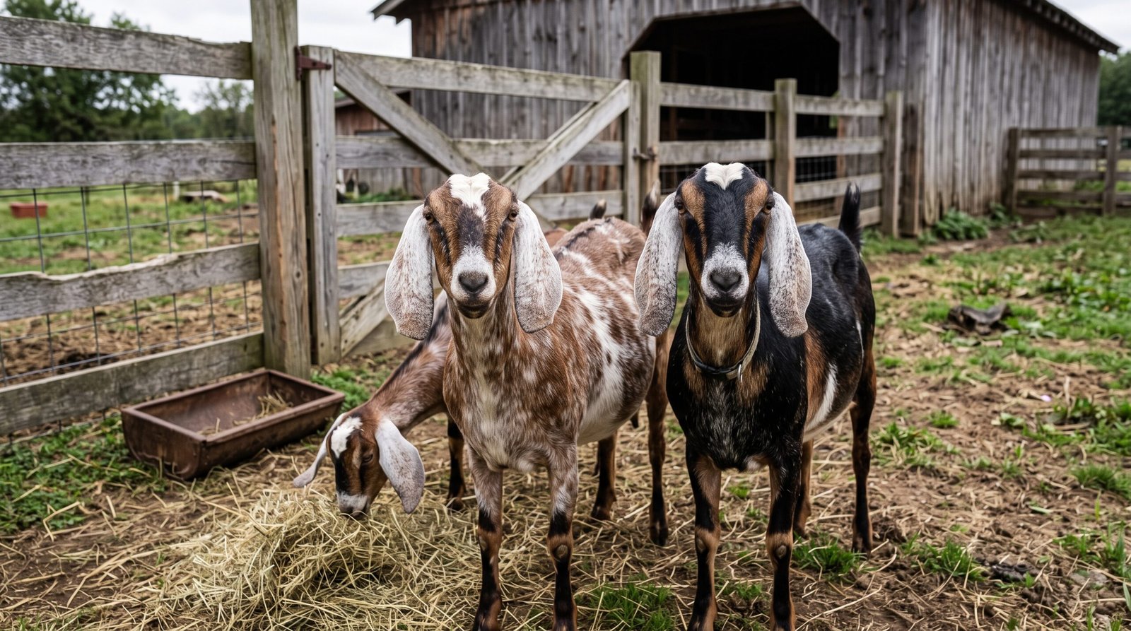 Several floppy eared goats eating hay near fence