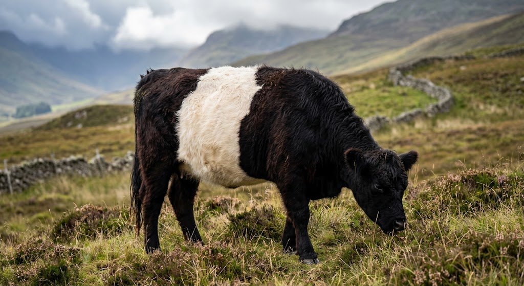 a single Belted Galloway cow with a solid black body and a broad white belt