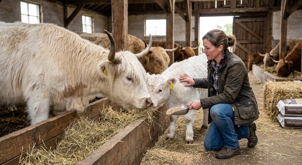 Farmer hand-feeding white Highland cow and calf