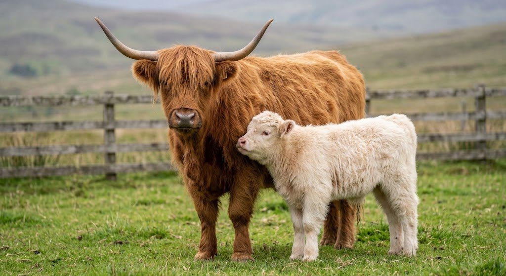 White and silver Highland cows compared closely.